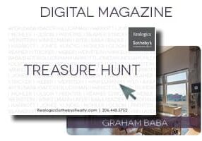 Advertisement for a "Digital Magazine" titled "Treasure Hunt" by Realogics Sotheby's. It includes their website, phone number, and features a room with large windows showcasing a scenic view.