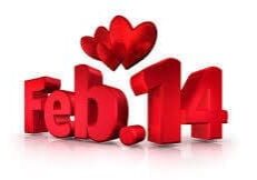 Image of the text "Feb. 14" in red with three red hearts above it, signifying Valentine's Day.