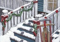 Snow-covered steps decorated with garlands and red bows lead up to a porch with a traditional wooden sled leaning against the railing.