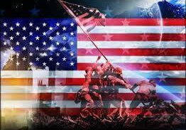 US flag overlaid on an image of soldiers raising a flag as depicted in the iconic World War II photograph from the Battle of Iwo Jima.