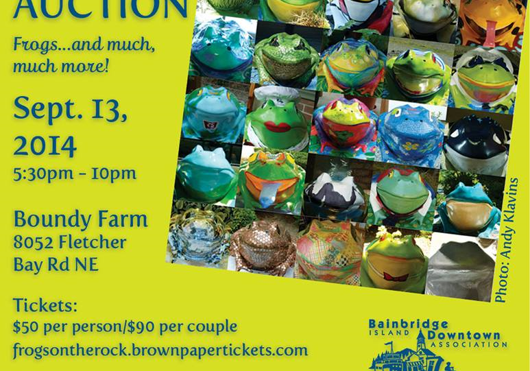 A promotional poster for "Frogs on the Rock Gala Auction" on Sept. 13, 2014, at Boundy Farm featuring various decorated frog images. Tickets cost $50 per person. Proceeds benefit Bainbridge Island Downtown Association.