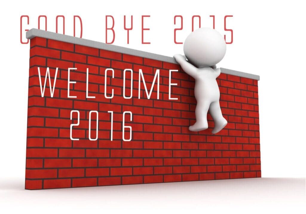 A 3D figure climbs over a brick wall with "Goodbye 2015" on one side and "Welcome 2016" on the other.