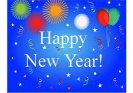 Blue background with colorful fireworks and balloons, featuring the text "Happy New Year!" in white letters.