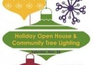 Flyer for Holiday Open House and Community Tree Lighting on Nov 24. Event starts at 10:00 AM, tree lighting at 5:00 PM in Downtown. Details and sponsors mentioned.