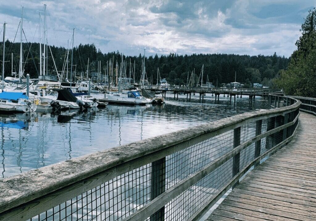 Wooden boardwalk with a wire fence curves beside a marina filled with docked sailboats and yachts, under a cloudy sky and surrounded by trees.