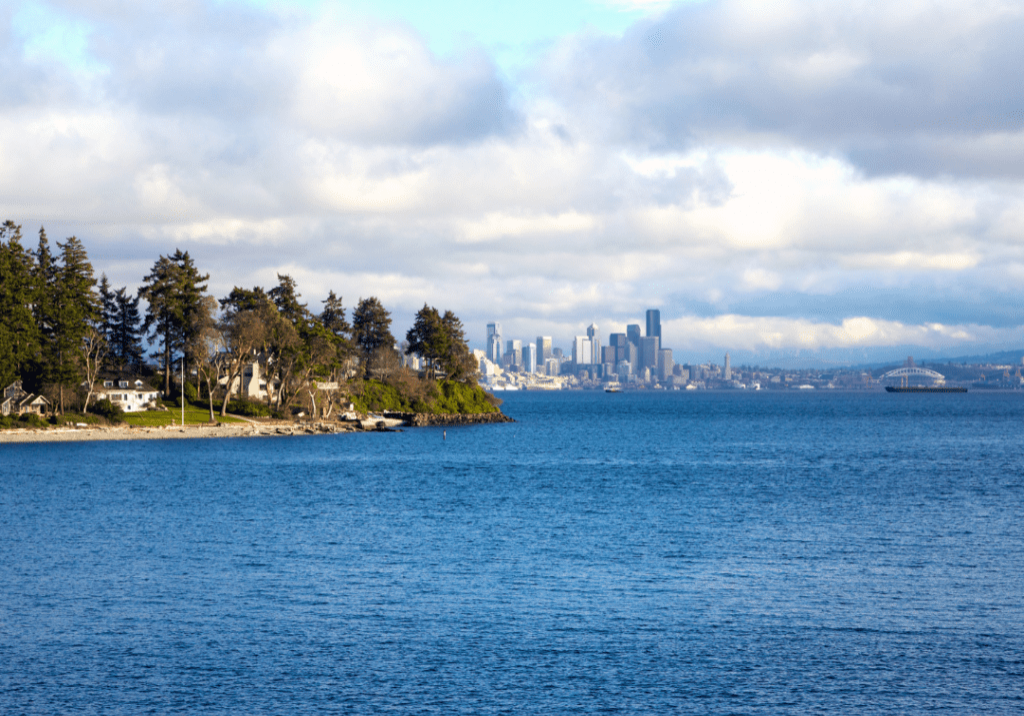 A view of a tree-lined shoreline with houses on the left, large body of blue water in the foreground, and a city skyline with tall buildings in the distance under a partly cloudy sky.