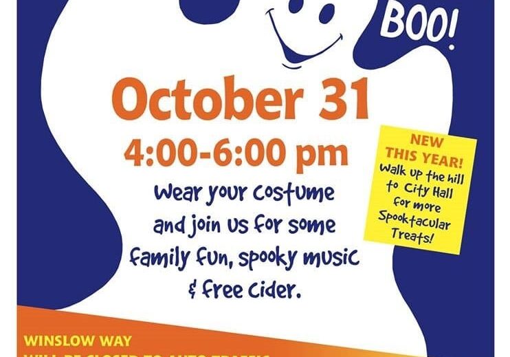 Poster for Trick-or-Treat event in Bainbridge Downtown on October 31 from 4:00-6:00 PM. Event includes costumes, family fun, spooky music, free cider, and new activities at City Hall. Winslow Way closed.