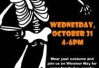 Flyer for a Trick or Treat Downtown event on Wednesday, October 31 from 4-6 PM, featuring a skeleton graphic and event details, including costume wearing and activities like spooky music and hot cider.