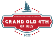 Logo for the "Grand Old 4th of July" event organized by Bainbridge Island Chamber of Commerce, featuring a blue sailboat and red stars, with the year 2022 at the bottom.