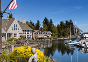 Waterfront homes with boats docked along a calm canal, surrounded by lush greenery and vibrant flowers; an American flag flies from a pole in the foreground.