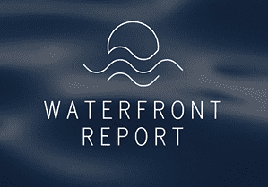 Logo for "Waterfront Report," featuring a minimalist design of a sun above two wavy lines, all set against a dark blue background.