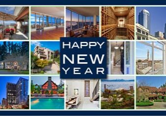 A collage of 20 houses and scenic outdoor spaces surrounds a central text reading "Happy New Year.