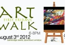 Promotional poster for an art walk event on August 3rd, 2012, on Bainbridge Island. The event is part of "First Fridays Art Walk" and is scheduled from 6 to 8 PM. The poster features an abstract painting.