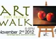 Flyer for an art walk event on November 2nd, 2012, at Bainbridge Island, Downtown Winslow. Includes an image of two apples on an easel. Event time: 6-8 PM.