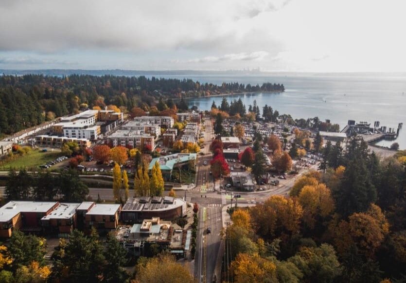 Aerial view of a town with large clusters of buildings, roads with vehicles, and numerous trees displaying autumn foliage. The scene extends towards a waterfront bordered by a forested area.