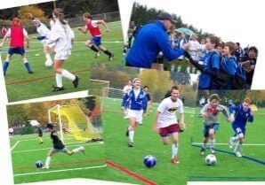 Collage of soccer games and team interactions, including players running and kicking the ball, a coach high-fiving a group, and various players on the field.