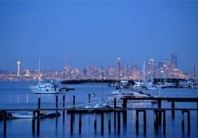 A marina with boats docked in the foreground, and a city skyline illuminated at dusk in the background.