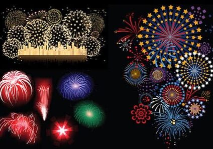 A variety of colorful fireworks in different shapes and sizes are displayed against a dark sky. Some fireworks feature stars and patterns, while others are bursts in red, blue, green, and white.