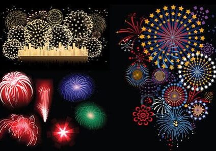 A vibrant display of various fireworks in the night sky, featuring circular bursts, star-shaped patterns, and colorful explosions in red, blue, green, and white.