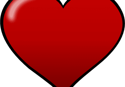 A glossy red heart illustration with a slight white highlight on the top left, outlined in black.