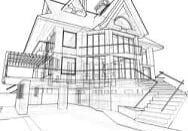 Black and white architectural sketch of a multi-story house with large windows, multiple gables, and a staircase leading to the entrance.