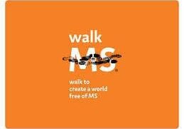 Orange background with text "walk MS" and "walk to create a world free of MS" in white. A shoeprint graphic crosses the letters "MS.