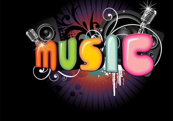 Colorful "MUSIC" text with microphones, speakers, and abstract designs on a black background.