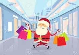 Illustration of Santa Claus walking cheerfully in a mall, holding several colorful shopping bags in each hand.