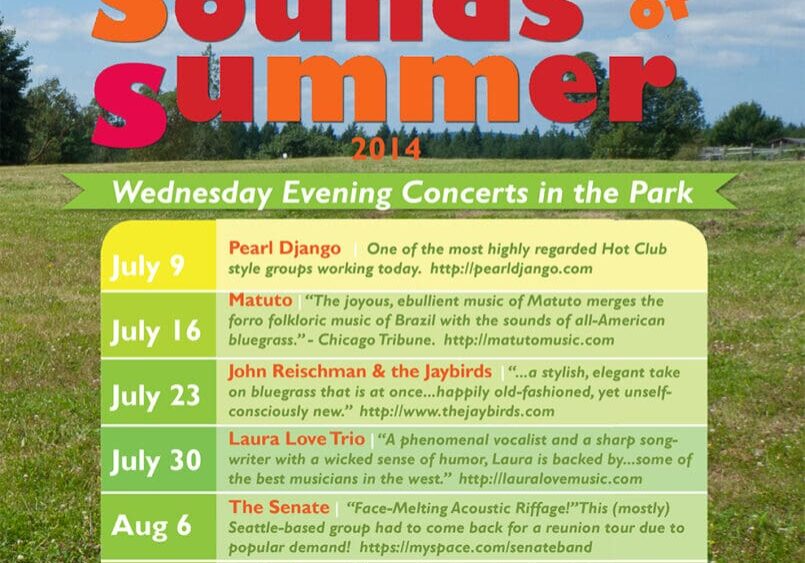 Poster for "Sounds of Summer 2014" featuring Wednesday evening concerts in Battle Point Park. Performers and dates listed from June 19 to August 20, with times and additional event details.