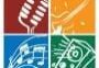 Four icons in a grid: a classic microphone on a red background, a guitar on an orange background, music notes on a blue background, and a speaker on a green background.