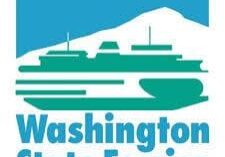 Logo of Washington State Ferries featuring a stylized ferry and a green mountain against a blue background, with the text "Washington State Ferries" at the bottom.