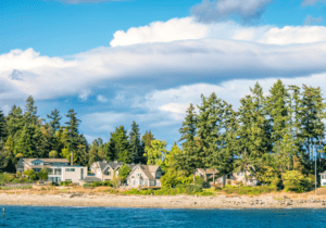 A waterfront view featuring a row of houses nestled among trees, with a backdrop of blue sky and scattered clouds.